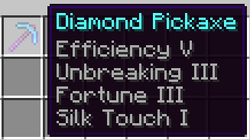 A diamond pickaxe with Efficiency 5, Unbreaking 3, Fortune 3 and Silk Touch 1. This is the best obtained from an enchanting table, extremely rare.