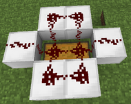 Two pieces of redstone on a double chest connected up all 4 sides of it onto iron blocks