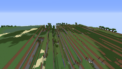 A top down view of The Far Lands with trees, notice how only the very edge chunks were left unpopulated