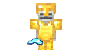 Skeleton with diamond chestplate in the hand wearing full golden armor.png