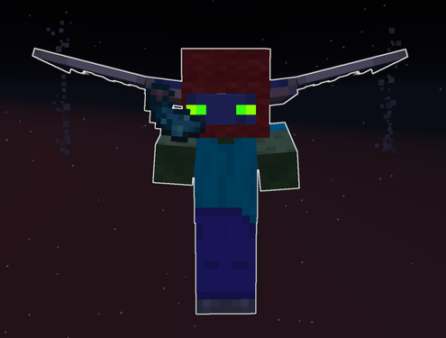 A wool-headed zombie with No AI holding a glow ink sac ridden by a phantom, both of which have been made permanently glowing.